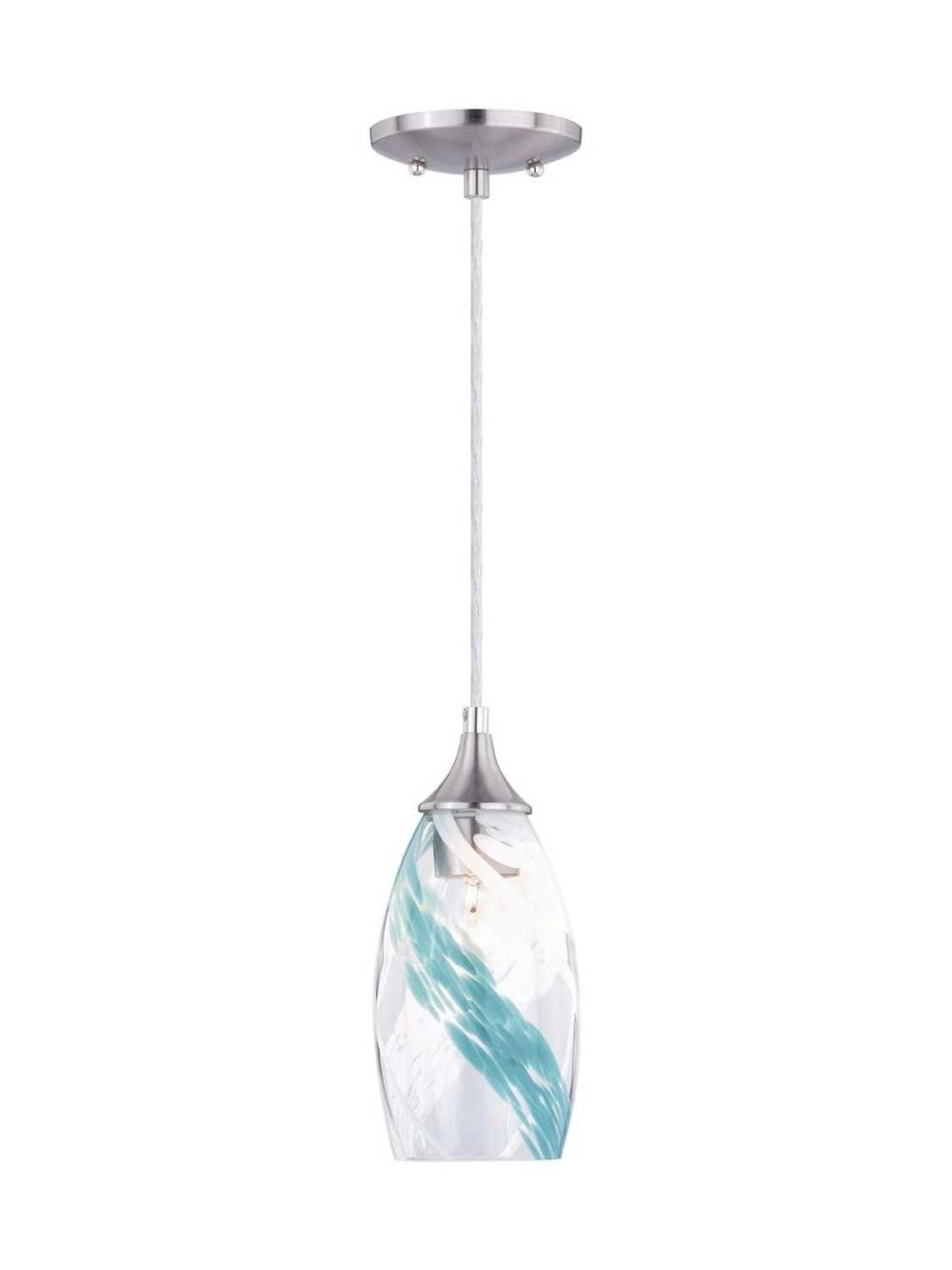 2-Satin Nickel Mini Pendant Ceiling Light Clear Teal Swirl Glass - 8” H 3.5” D